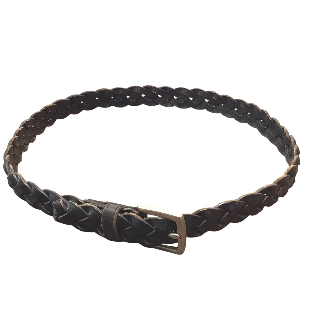 GAP Women Braided Genuine Leather Belt Black Silver Buckle XL 34" Adjustable